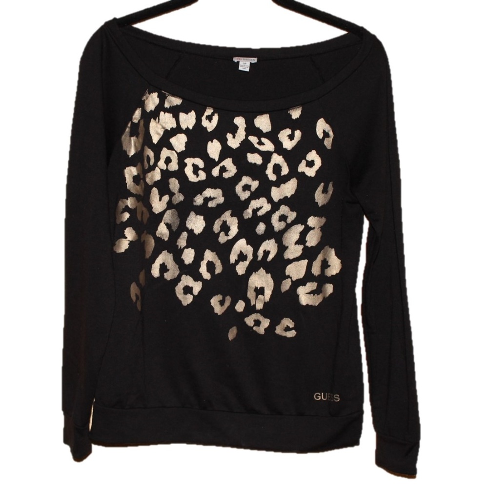 Guess Black & Gold Long Sleeve Leopard Print Relaxed Fit Sweater Size Small